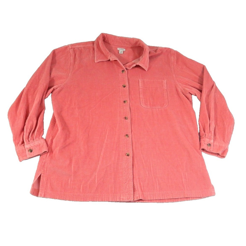 LL Bean Shirt Women XL Pink Corduroy Long Sleeve Button Down Cotton Top Big Wale